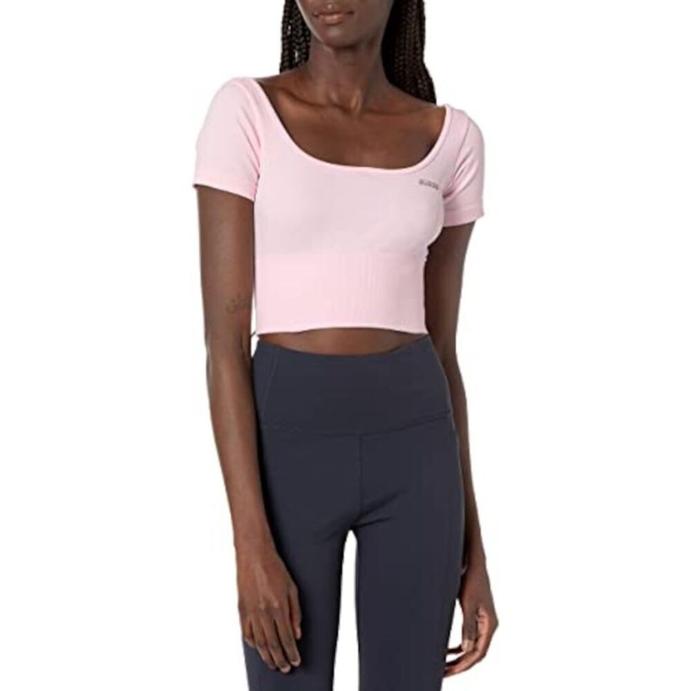 NWT GUESS Womens Pink Stretch Logo Graphic Scoop Neck Active Wear Crop Top XS\S